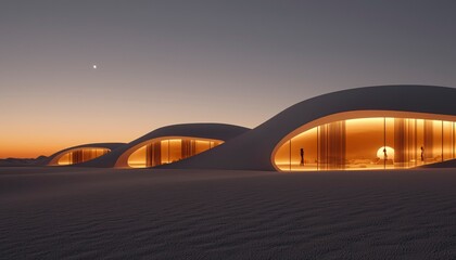 Obraz premium Desert resort with illuminated, curved structures at sunset