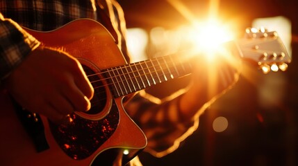 Obraz premium Person playing acoustic guitar in warm sunset light