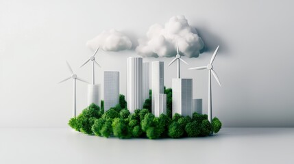 A miniature urban landscape featuring wind turbines, greenery, and tall buildings, symbolizing sustainable development and eco-friendly practices.