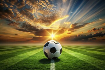 Fototapeta premium Silhouette Soccer Ball on Green Striped Field - Dramatic Sports Image