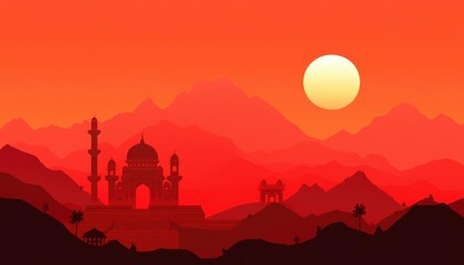 Obraz premium Sunset silhouettes of mosque and mountains