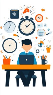 Time blocking techniques for lifelong learning. Businessman Working at Desk Surrounded by Clocks, Time Management Concept