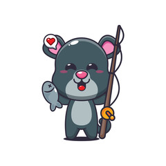 Panther cartoon vector illustration catching fish with fishing rod