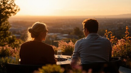 Couple enjoys sunset view over city, relaxing at outdoor table