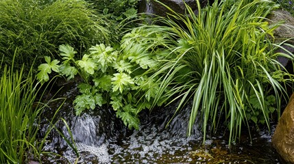 Natural water stream with green plants and rock formations
