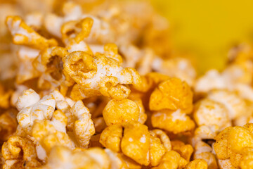 Closeup of creamy tasty popcorn, its movie time