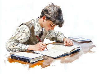 Focused Young Man Writing in Notebook at Wooden Desk Watercolor Painting