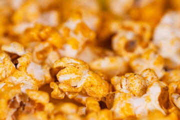 Closeup of creamy tasty popcorn, its movie time