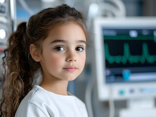 Thoughtful young female patient connected to ECG monitor in a modern high tech medical facility surrounded by focused healthcare professionals carefully observing the readouts