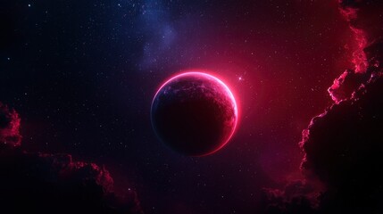 Naklejka premium Crimson planet glowing amidst cosmic clouds and stars