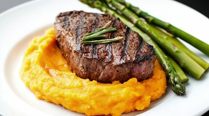 Delicious high-protein steak dinner with asparagus and mashed sweet potatoes home kitchen food photography modern setting