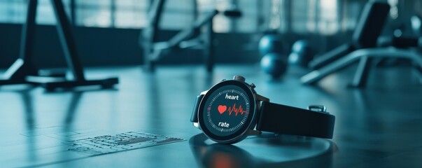Fototapeta premium Close-up of a smartwatch displaying heart rate in a modern gym environment.