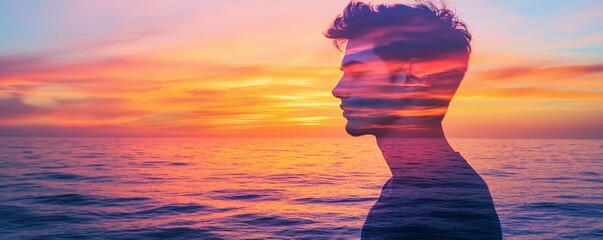 A silhouette profile of a man is overlaid with sunset scenery