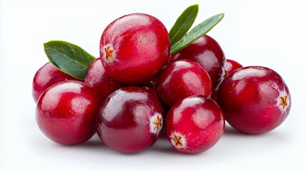 Fresh Red Cranberries with Green Leaves on White Background