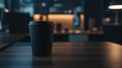 A black paper coffee cup resting on a wooden table top