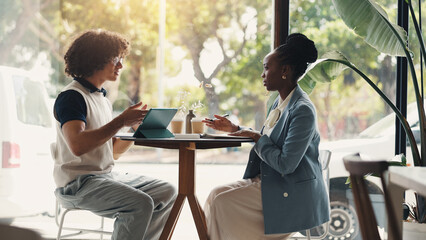 Business, people and talk in meeting at cafe for planning, discussion and ideas of project. Staff,...
