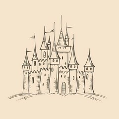 Hand drawn of castle drawing sketch doodle.