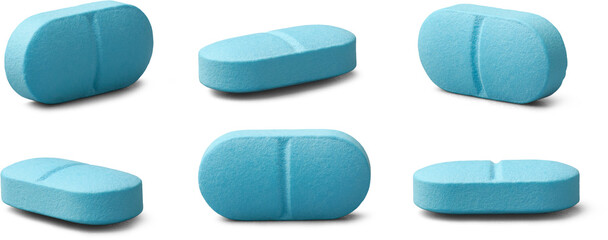 set of light blue color oval shaped pills or tablets isolated white background, medical drugs with score line taken in different angles