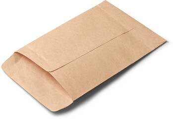 empty small brown envelope like paper bag isolated white background, blank container for package and dispense medication and provide important information about prescription