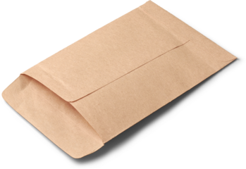 empty small brown envelope like paper bag isolated white background, blank container for package and dispense medication and provide important information about prescription