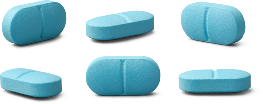 set of light blue color oval shaped pills or tablets isolated white background, medical drugs with score line taken in different angles