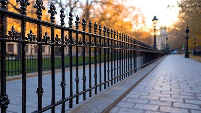 Elegant wrought iron fence lines a serene pathway in a park during autumn sunset