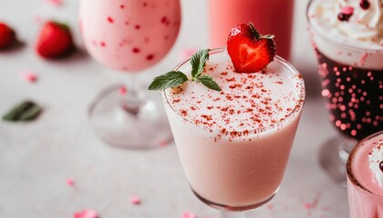 Creamy pink dessert drink, garnished with strawberry and mint, surrounded by other desserts