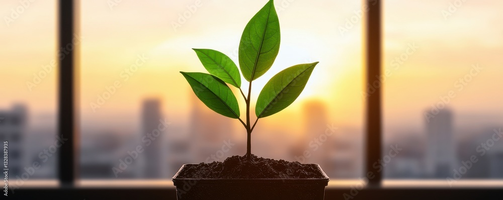Poster a small green plant with multiple leaves is growing in a pot, set against a sunset backdrop viewed t