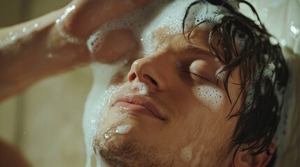 Fototapeta premium Serene Man Relaxing in Foamy Bath Water Skincare spa calm body face hair clean fresh luxury health 