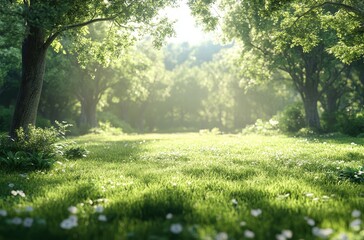 Fototapeta premium Serene Green Meadow Surrounded by Lush Trees and Gentle Sunlight Filtering Through Leaves in a Peaceful Natural Landscape
