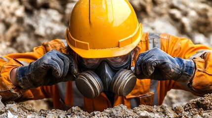 Worker adjusting respirator in trench.