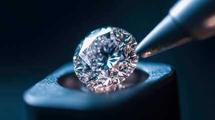 Close-up of a brilliant-cut diamond being examined under magnification.  Its facets sparkle brilliantly