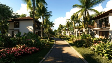Fototapeta premium Sunlit pathway winds through tropical village, lush greenery & charming houses line the path