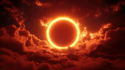 Fiery ring in a dramatic, cloudy, starlit sky