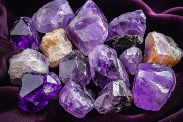 Amethyst gemstone collection display elegant setting high-quality photography soft velvet background close-up view beauty of natural gems