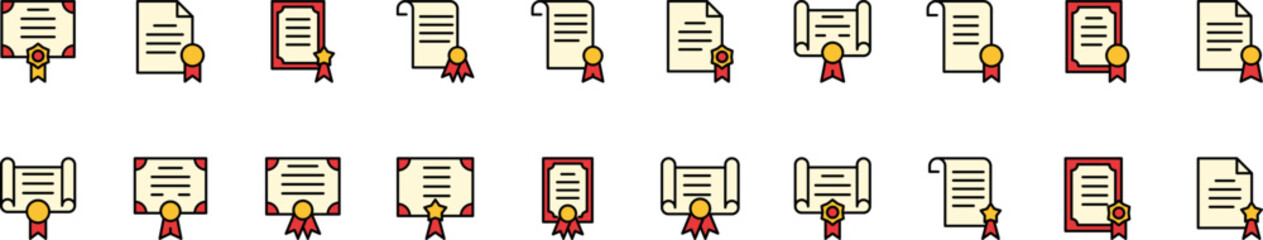 Diploma or Certificate Filled Color Icon Collection. Minimalistic Linear Pictogram for Web and Graphic Design, Apps, Banners, Social Network and Cards
