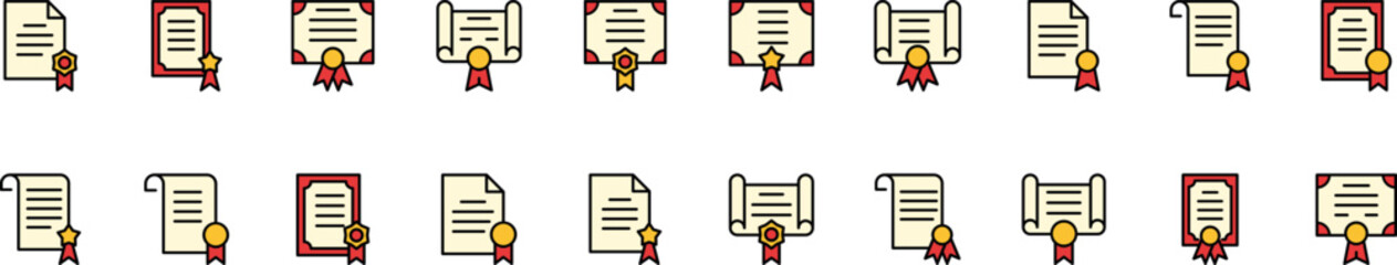 Diploma or Certificate Filled Color Icon Set. Minimalistic Linear Pictogram for Web and Graphic Design, Apps, Banners, Social Network and Cards