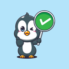 Penguin cartoon vector illustration with correct sign