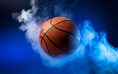 Fototapeta premium Basketball ball in blue smoke on a black background. Copy space.