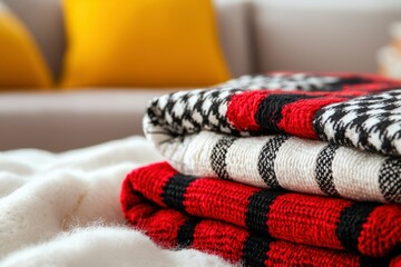 Fototapeta premium Cozy folded blankets in red, black, and white patterns. Soft textures and warm colors. Perfect for winter