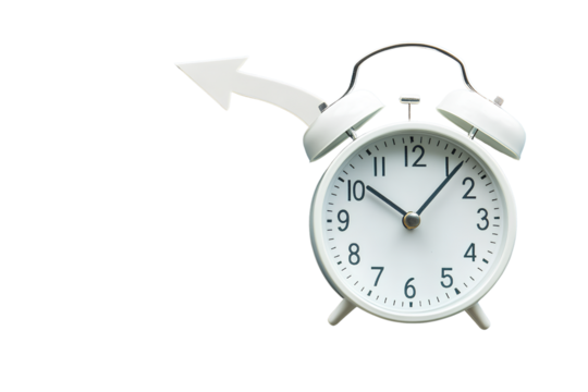  White analog clock with an arrow turning back to the traditional way of telling time set against a transparent background PNG - Powered by Adobe