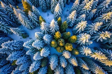 Snowy Spruce Forest Aerial View: Winter Wonderland Drone Photography, New Year's Nature Landscape