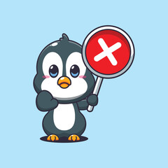 Penguin cartoon vector illustration with wrong sign