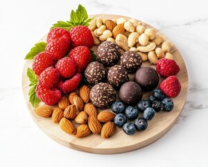 Healthy snack board with nuts and berries home food photography bright setting overhead view nutrition concept