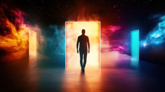 Time blocking techniques for lifelong learning. Silhouette of a Man Walking Through Glowing Cosmic Portal