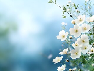 A delicate organic display of blossoming flowers their ethereal silhouettes rendered in soft hues against a calming azure toned canvas that exudes a sense of tranquil meditative stillness