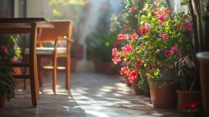 A sunny patio displays flowers and wooden furniture with light
