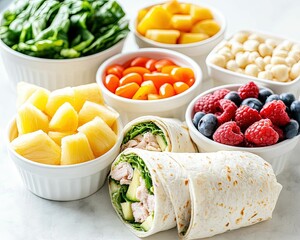 Portion-controlled healthy lunches featuring fresh ingredients kitchen table food photography high angle nutrition concept