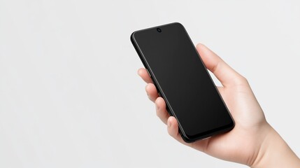 Hand holding a sleek black phone. Blank screen