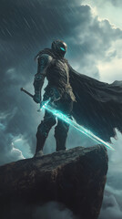 Naklejka premium Epic fantasy warrior standing on a cliff during a storm, cape blowing in the wind, glowing sword, dark clouds, dramatic lighting, ultra detailed armor